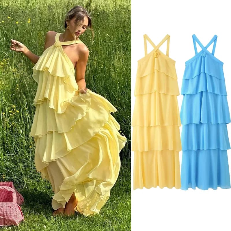 Abiti a strati con volant a fiori 3D Abiti da donna eleganti in chiffon senza schienale senza maniche Abito lungo soffice 2025 Estate New Lady Beach Robes