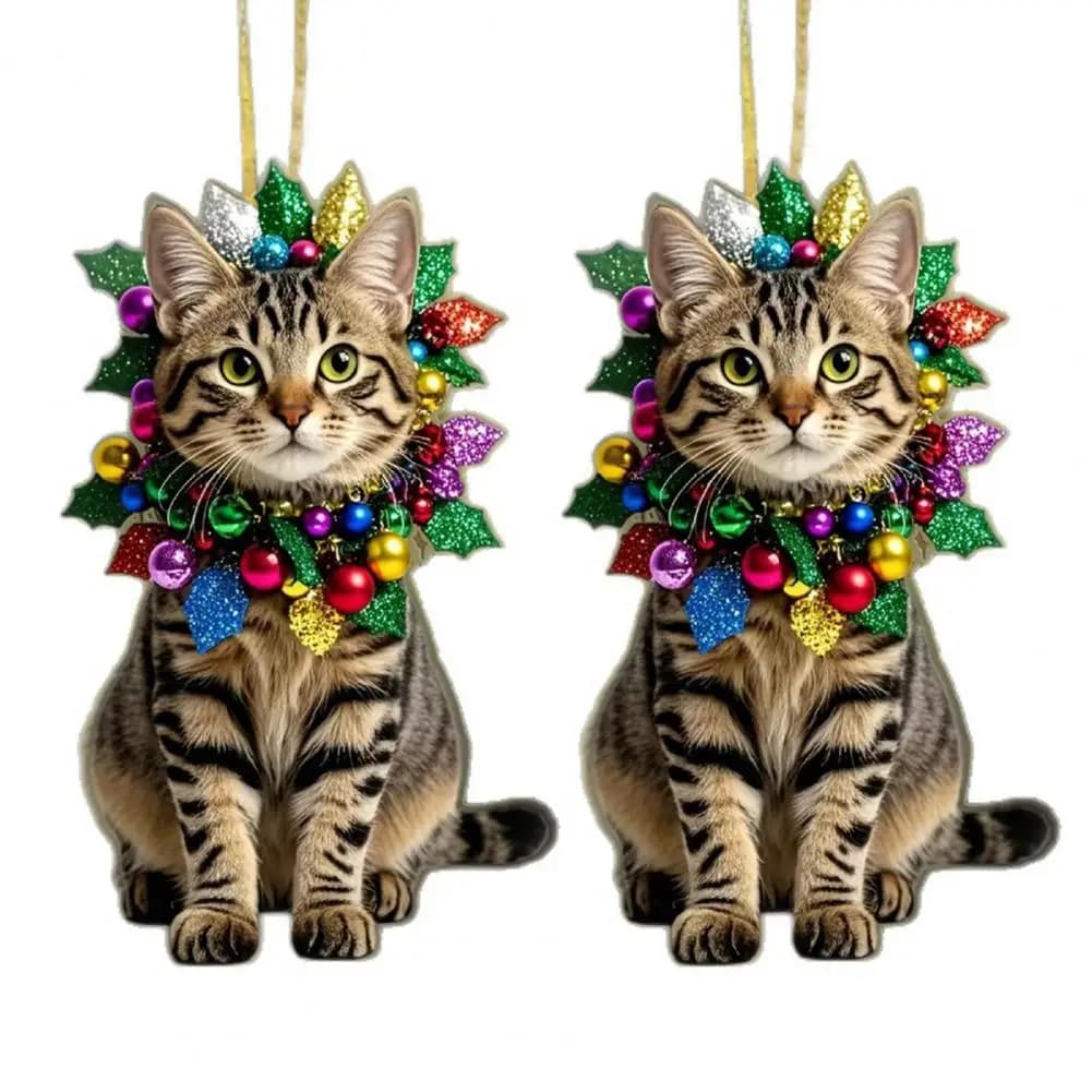 Cute Cat Car Mirror Hanging Charm 2D Flat Acrylic Kitten Christma Tree Ornament Car Interior Pendant for Xmas Home Window Backpa