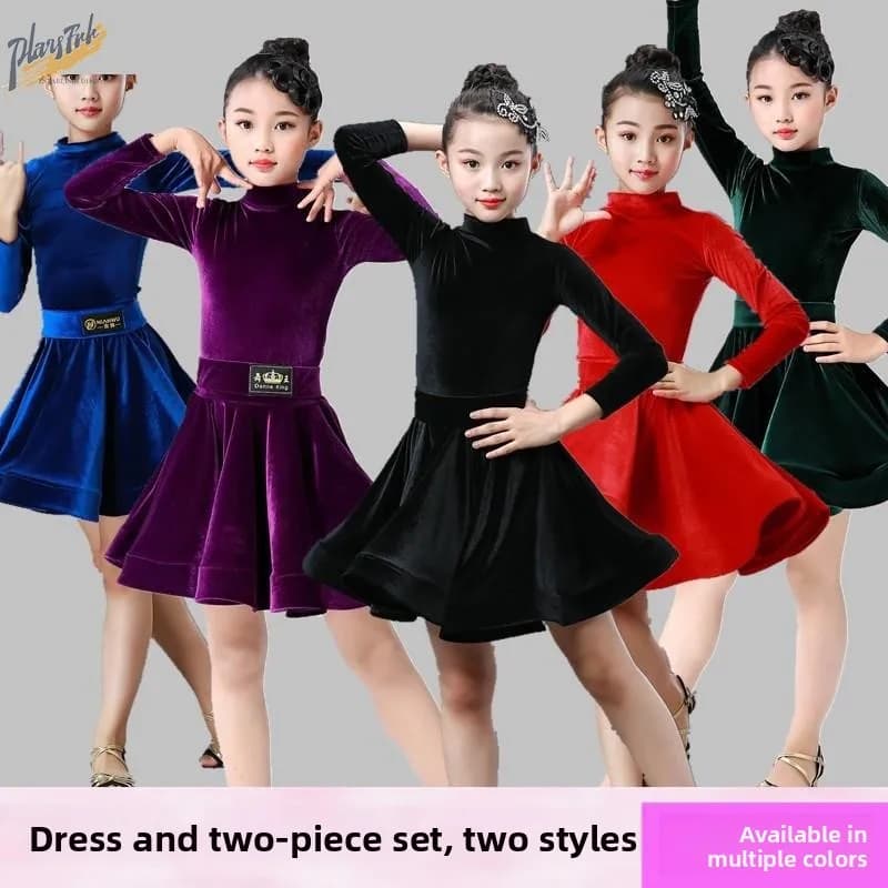 Costume da ballo latino per bambine in velluto a maniche lunghe, gonna ampia per gare e performance autunno/inverno