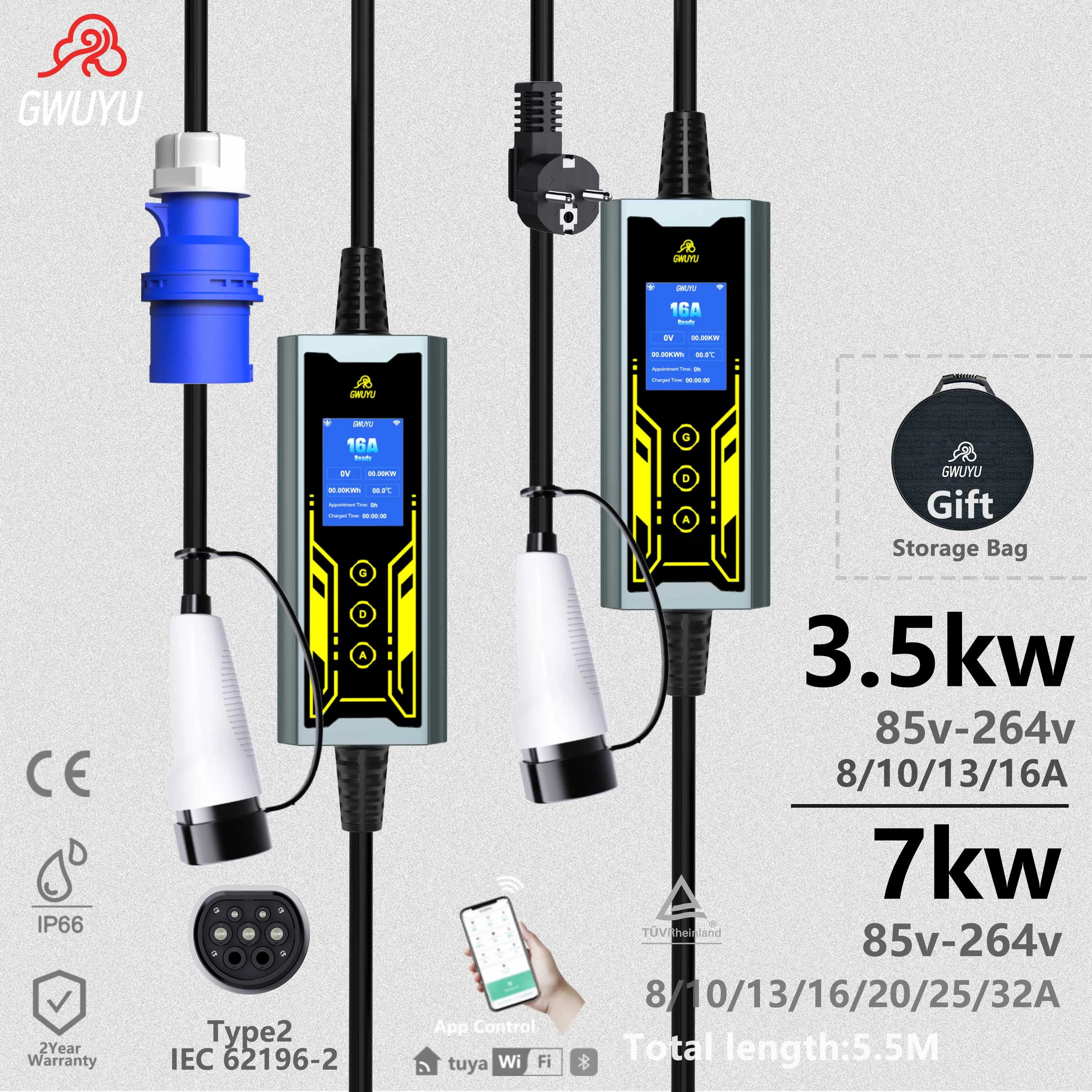 Caricatore EV GWUYU 32A 7kW 16A 3.5KW Monofase Tipo 2 Portatile con Controllo Smart APP WiFi per Auto Elettriche, Schermo da 2.8 Pollici e Controllo a Pulsante