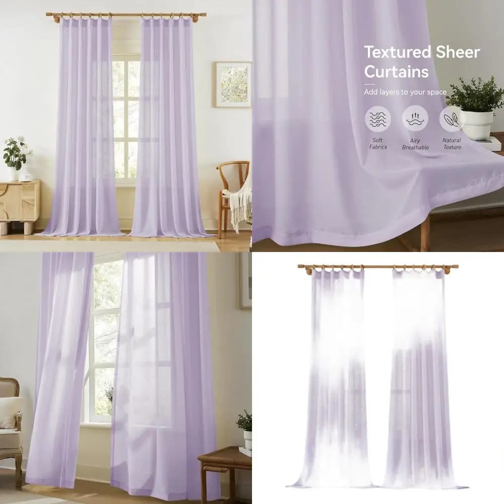 Folded transparent curtains 60x102 for villa, lavender, set of 2 pieces with hooks, light filtering