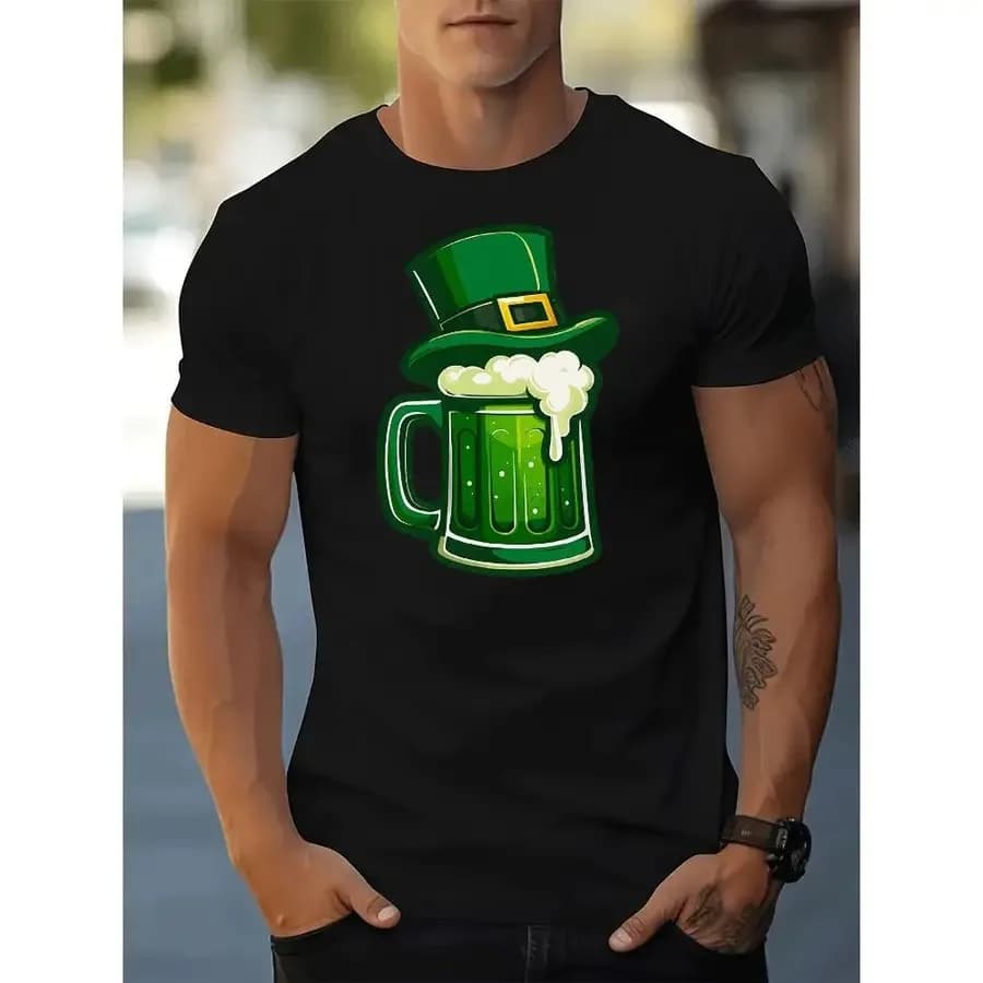 【Nuovo stile】 T-shirt classica casual verde con design a forma di cappello da leprecauno, abbigliamento casual da uomo per la festa di San Patrizio