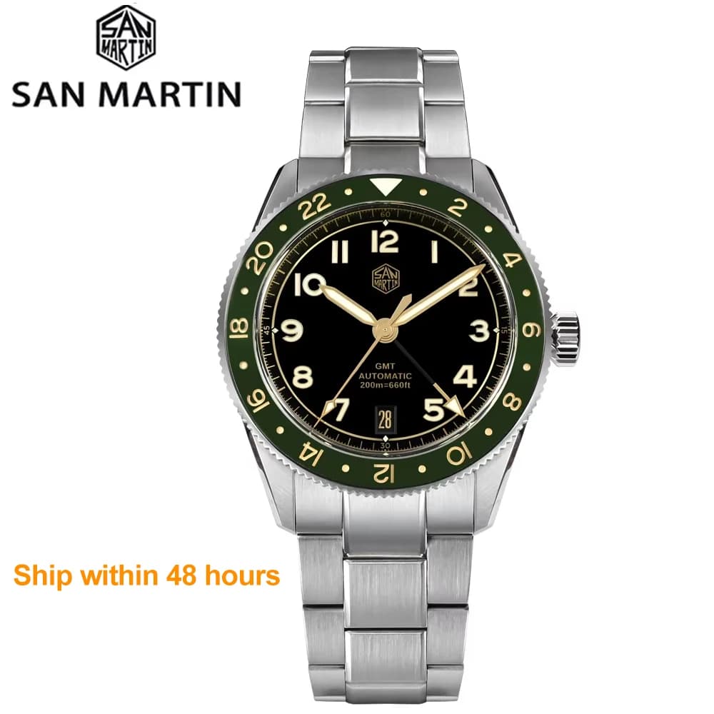 San Martin 38mm Men's Watch Limited Edition GMT NH34 Automatic Movement Sapphire BGW-9 C3 Luminous 120 click Watches SN0140W