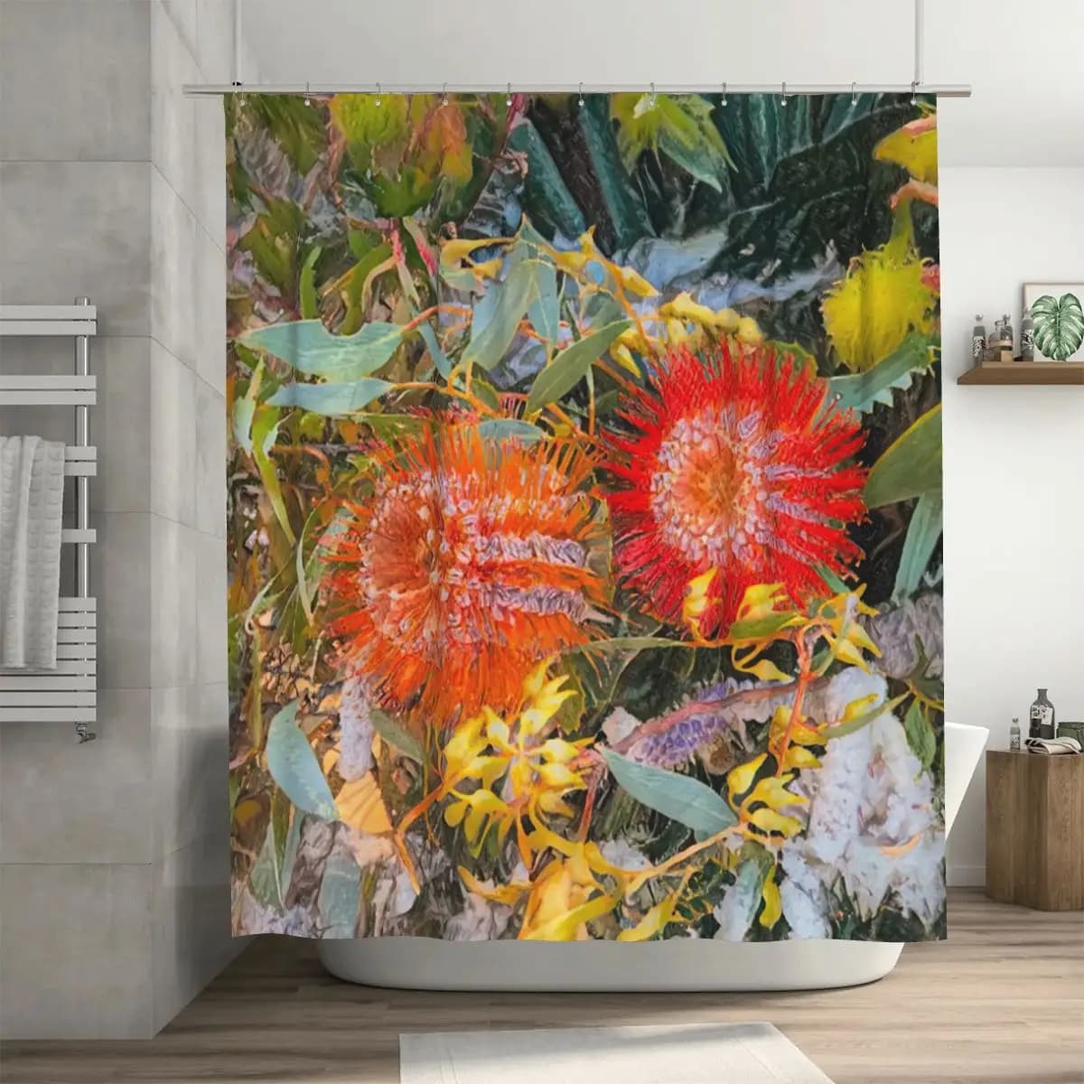 Tenda da doccia con motivo Banksia e Grevillea a tema botanico australiano, in poliestere impermeabile, con ganci