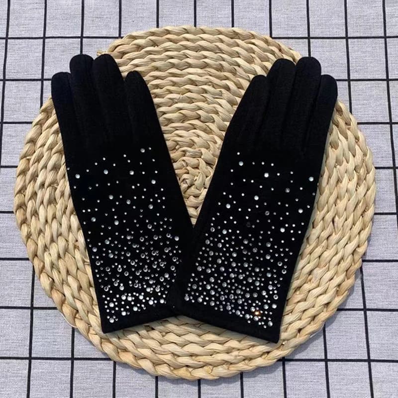Women's fashionable diamond winter gloves, vintage, elegant, touch screen, cycling, thickened, windproof, keep warm gloves