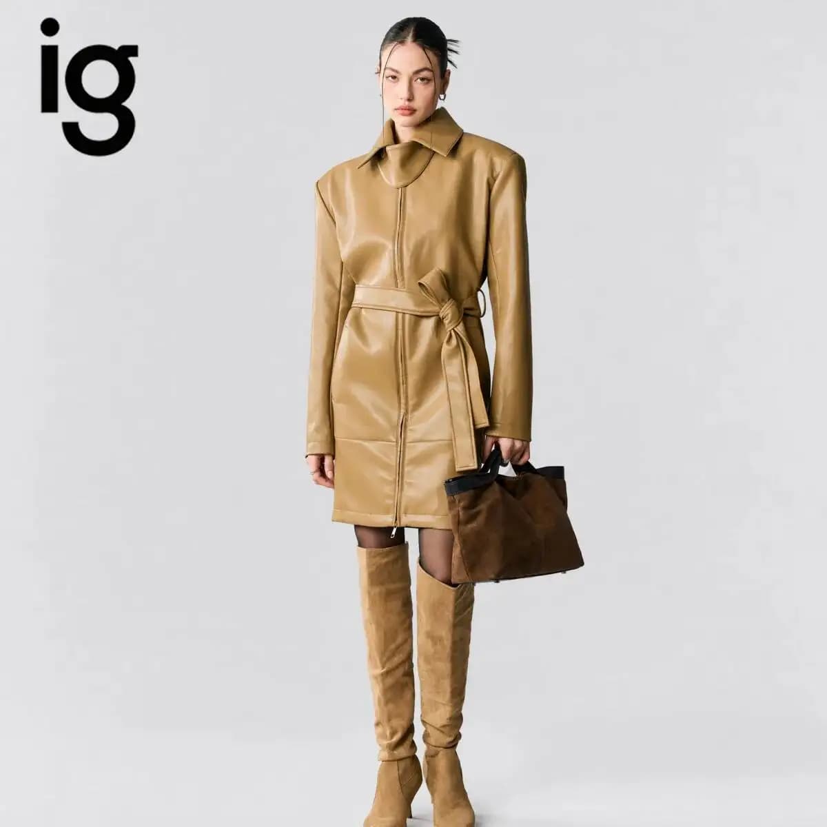 IG 2026 Women's Turn Down Collar Zip Up Faux Leather Mini Dress, Self Fabric Bow Tie Belt Waist Adjust Long Sleeve Pocket Slim