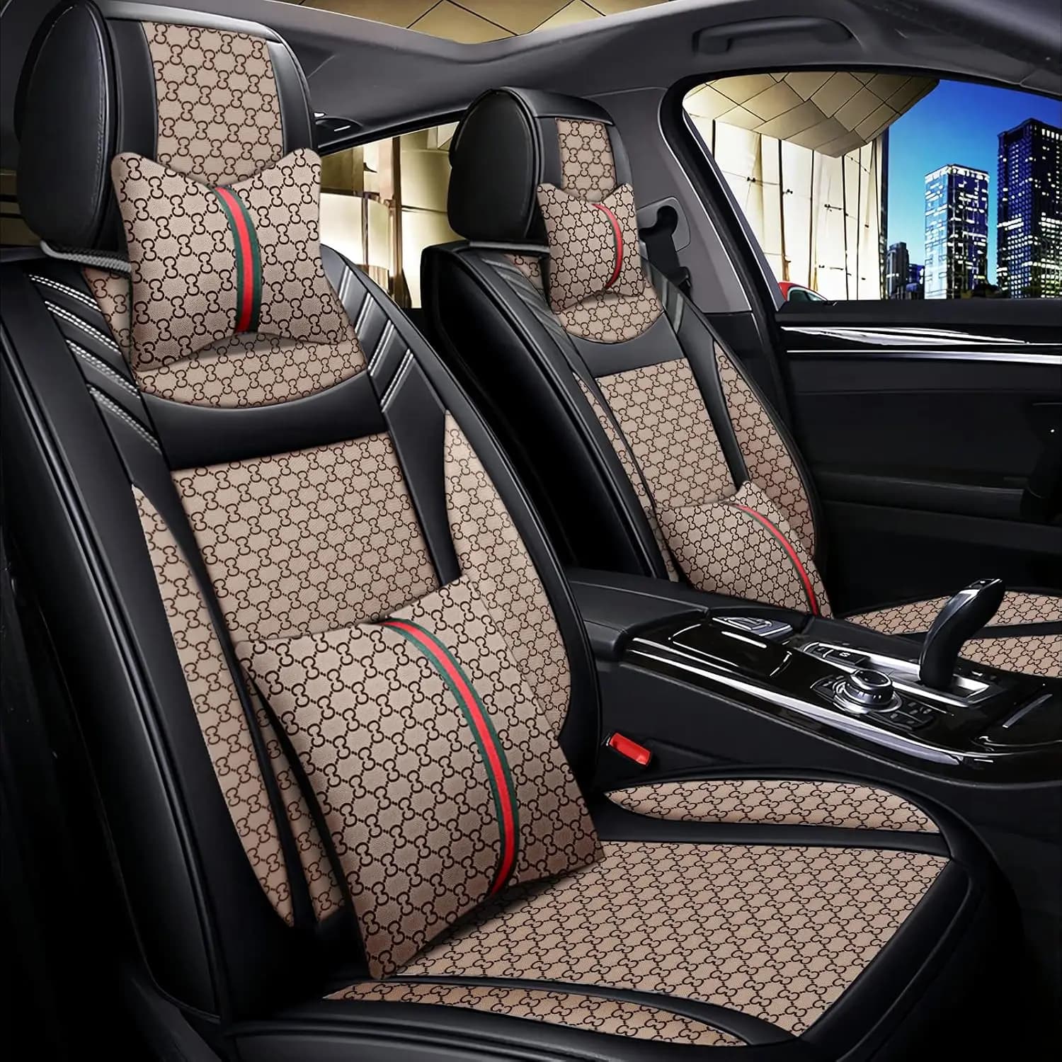 Applicazione per Sedili Auto, Materiale Morbido Premium, Beige - Traspirante con Cuscini per Collo e Lombare, Compatibile con Airbag