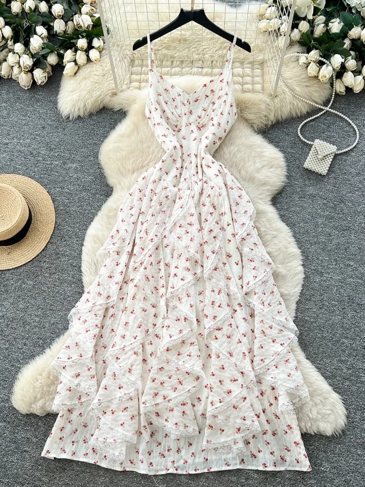 Sweet Floral Print Halter Dress Women's High Waist Slimming Holiday Style Long Dress Korean Style Commute Polyester Fiber A-L...