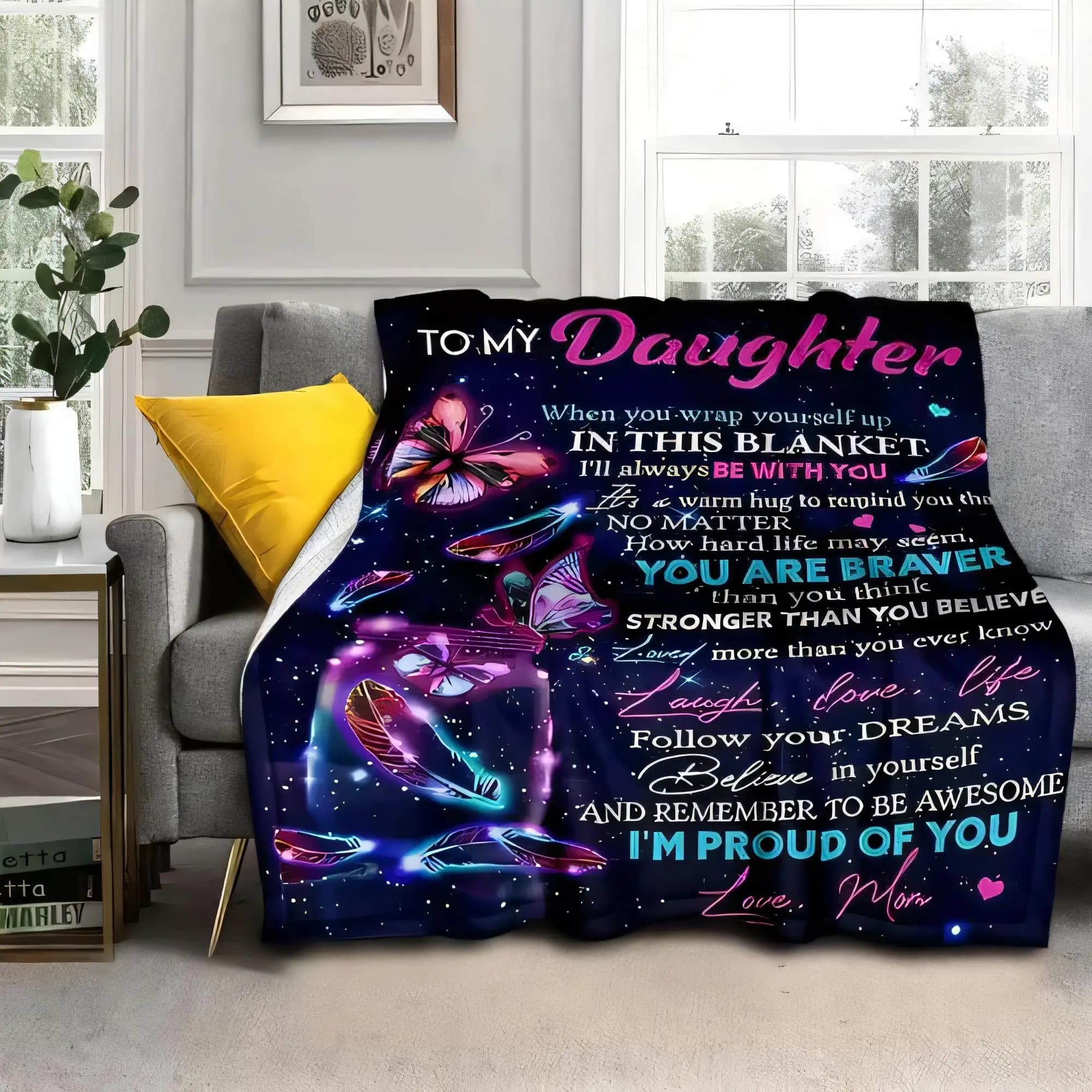 Coperta accogliente personalizzata per figlia con messaggio abbraccio caldo con farfalle al neon, morbido tiro decorativo per divano, Gi ispiratore