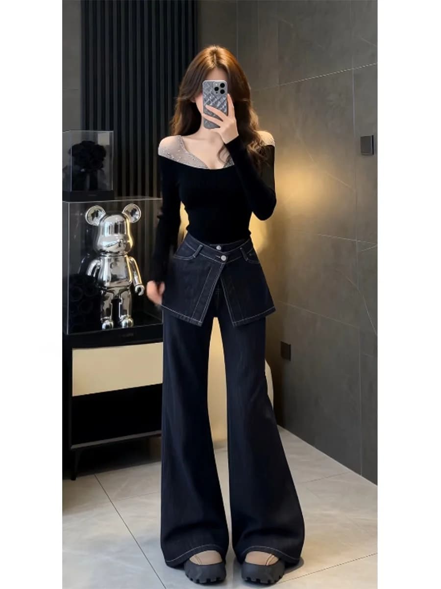 High Waist Wide Leg Denim Jeans Women's Autumn Winter New Style Casual Floor Length Pants French Style MARIE. Brand