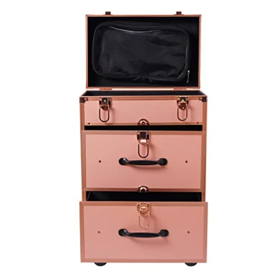 Valigia Trucchi Portatile a 3 Livelli in Alluminio Dorato con Serratura e Chiave, Organizer Cosmetico da Viaggio per Trucchi e Unghie
