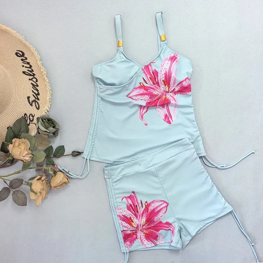 Costume da bagno blu chiaro con stampa floreale, bikini da donna, pantaloncini e tankini, costume da bagno sexy, abbigliamento da spiaggia per le vacanze, bikini brasiliano Femmes