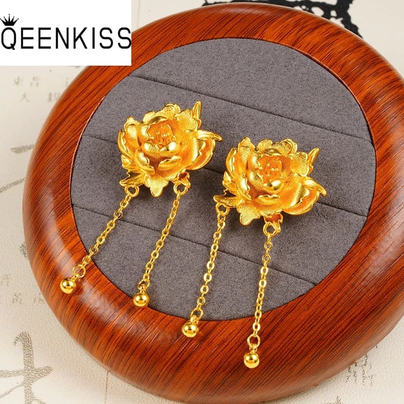 QEENKISS Orecchini con nappe a forma di fiore di peonia in oro 24 carati per donna, matrimonio, festa, compleanno, Natale, regalo per la madre della sposa EG5540