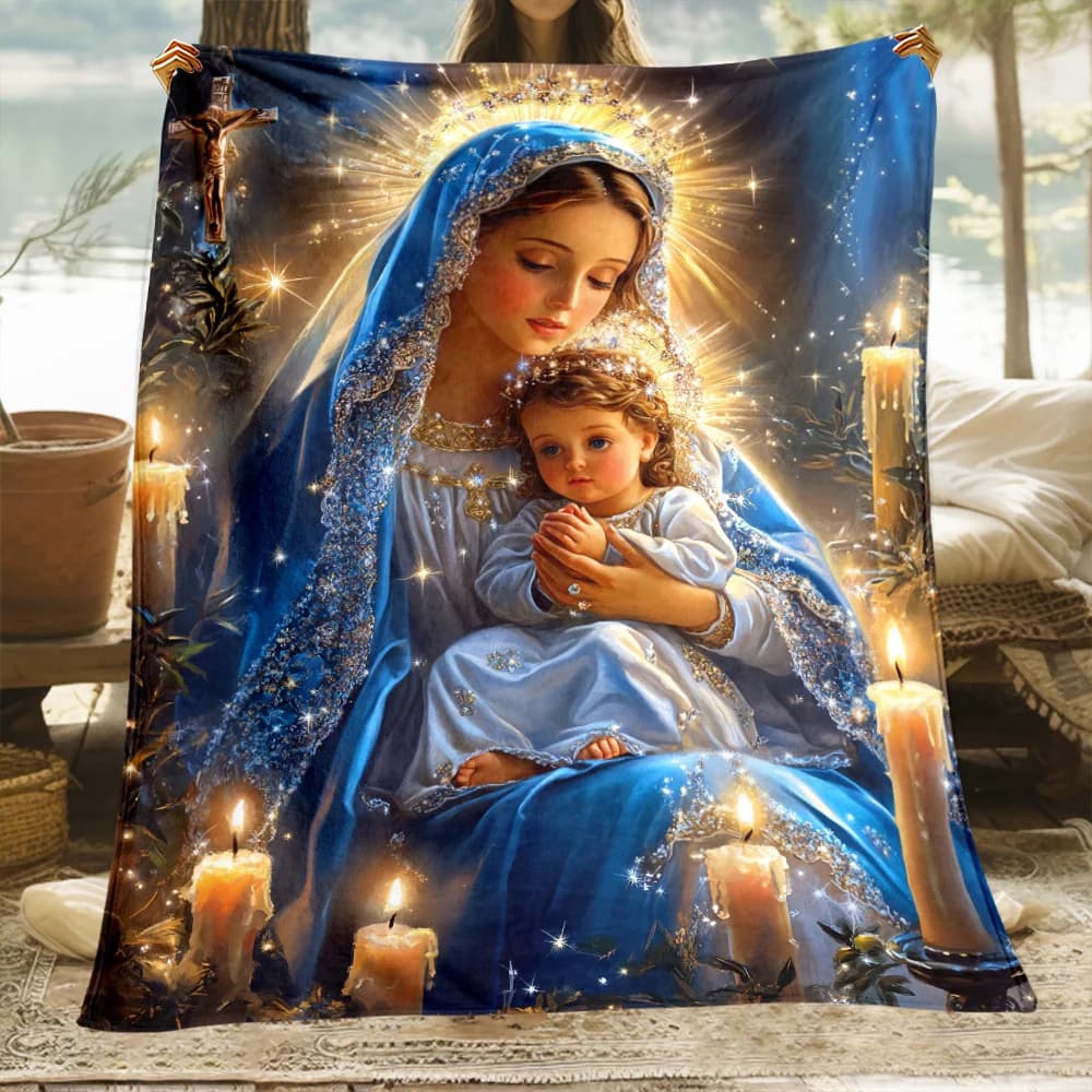 Coperta da battesimo Beata Vergine Maria di Misericordia - Morbida e leggera in flanella per divano, letto, campeggio da viaggio - Stampa digitale