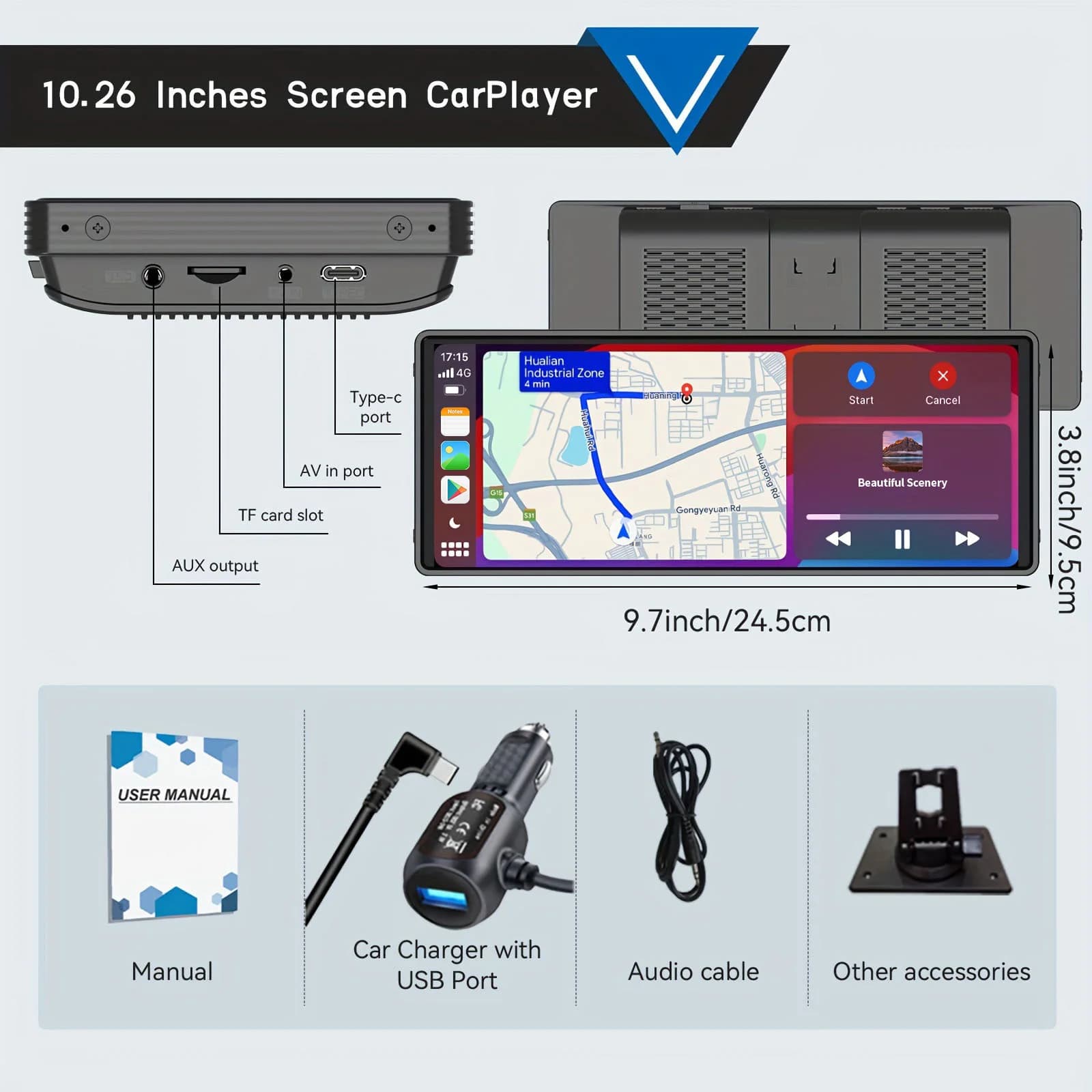 Universal Portable Carplay Stereo, 10.26 inch HD touchscreen for car with CarPlay and Android Auto with mirror connection