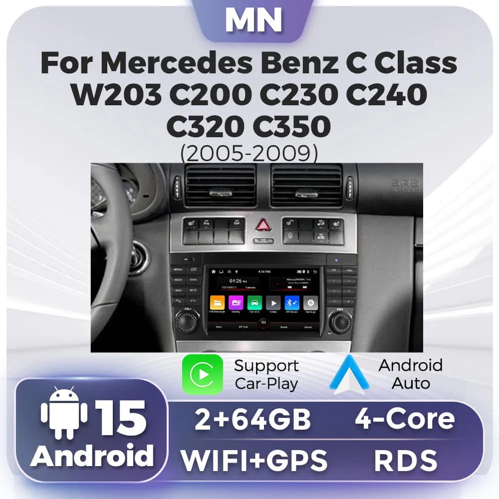 Autoradio Android 15 2+64G per Mercedes Benz Classe C W203 CLC W203 2004-2007, Lettore Multimediale GPS con Schermo da 7 Pollici, Carplay, Stereo Auto