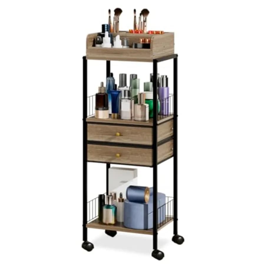 Carrello Organizzatore Trucchi e Cosmetici con Ripiani, Mobile Contenitore da Terra per Vanity e Stazione di Trucco con Vassoio
