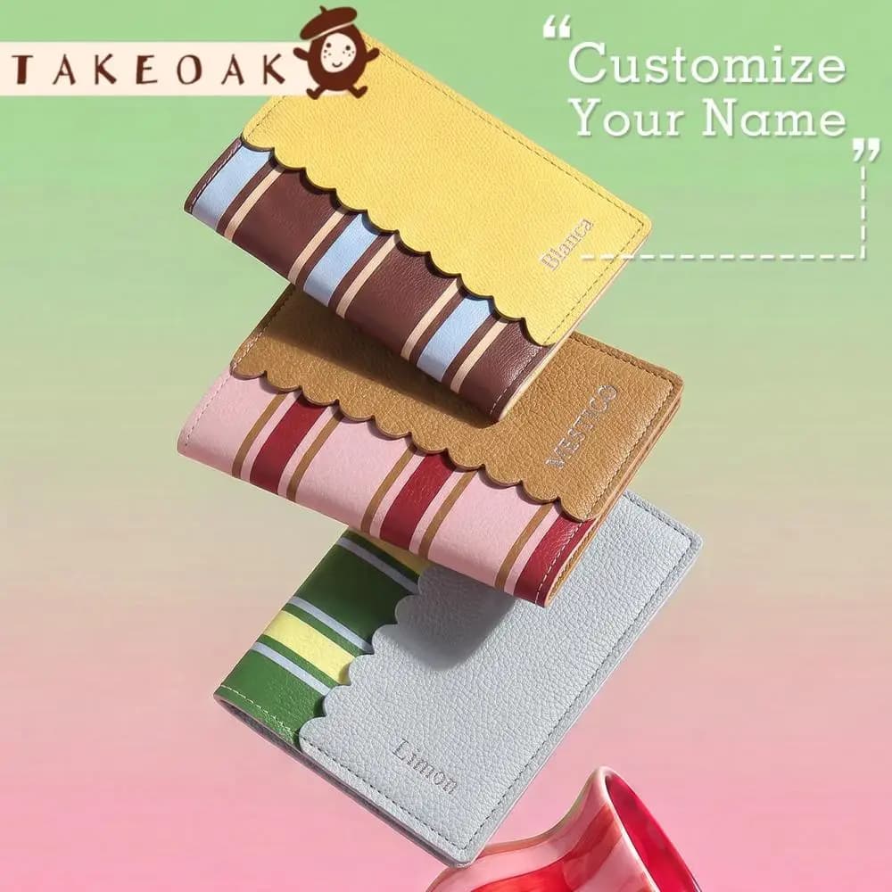 Personalized Custom Name Striped Passport Cover Pu Leather Scalloped Edge Travel Passport Holder Cute Travel Gift for Women Girl