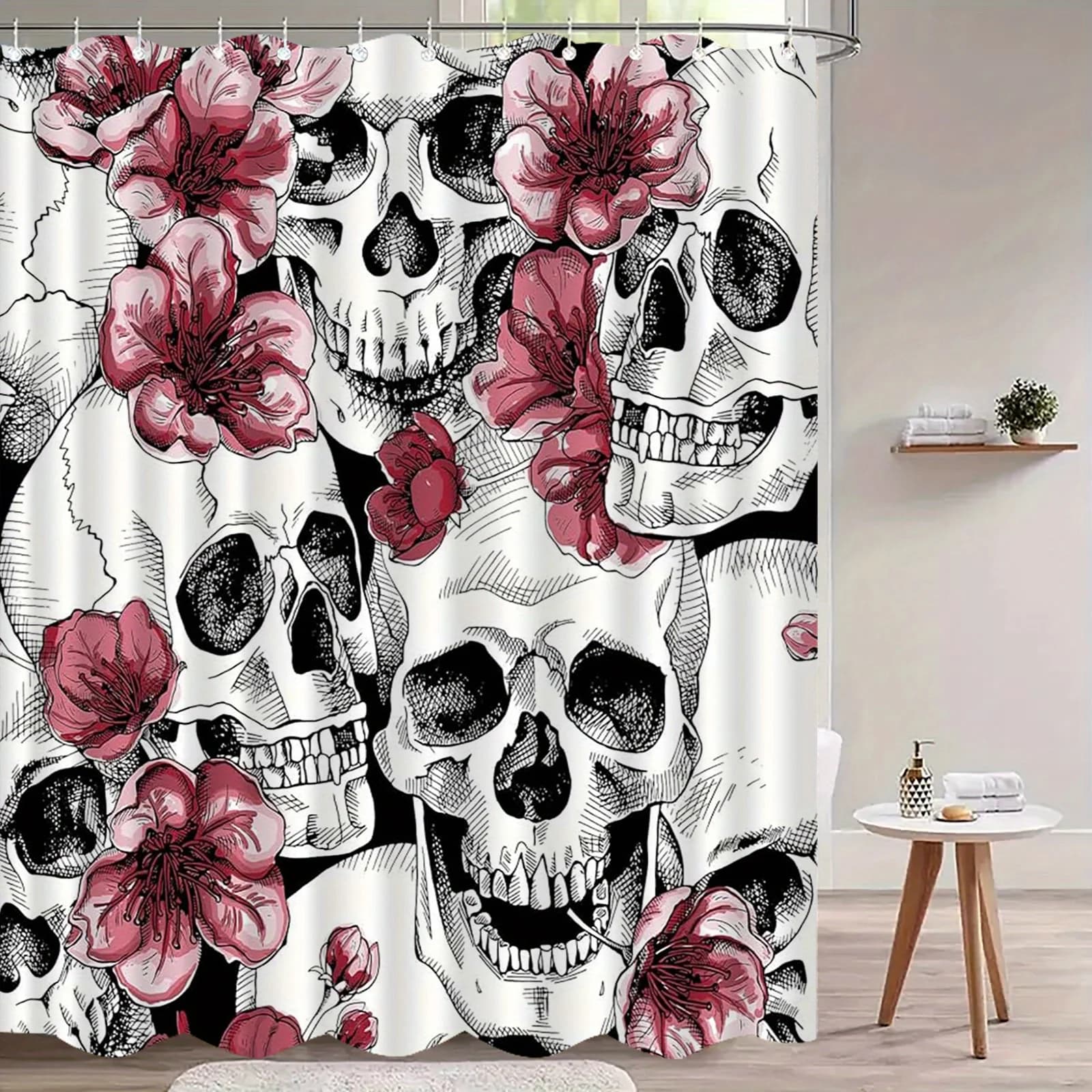 Tenda da doccia con teschio floreale gotico con ganci - Decorazione da bagno in poliestere lavabile in lavatrice, design artistico nero bianco rosa