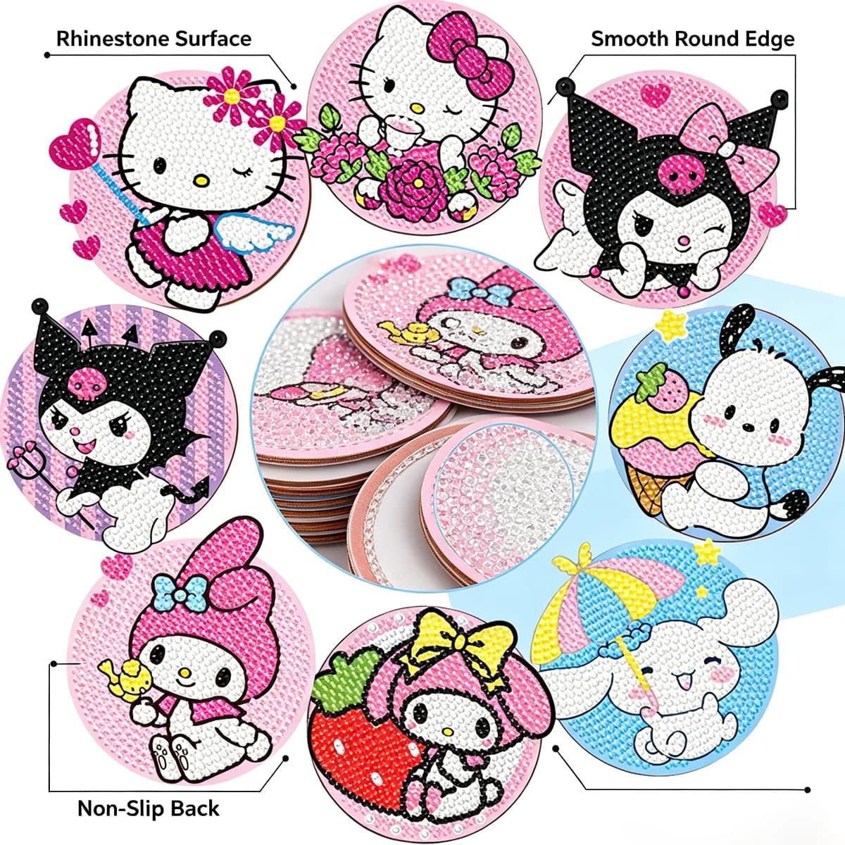 Hello Kitty Kuromi Cinnamon DIY Diamond Painting Kit Cartoon Character Coasters with Holder Home Decor Souvenir New Arrival