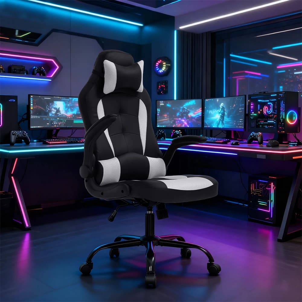Sedia da gaming, sedia da ufficio ergonomica con supporto lombare, braccioli ribaltabili, poggiatesta, pelle PU, sedie esecutive per computer con schienale alto