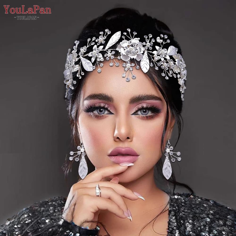 YouLaPan Set di Accessori per Capelli da Sposa con Fiori e Orecchini, Fascia per Capelli in Lega con Fiori, Cerchietto da Donna per Feste e Banchetti, Fatto a Mano con Perle e Strass HP519