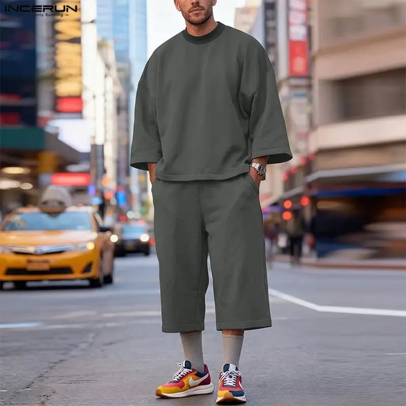 INCERUN Men's Sets Solid Color Oversize 3/4 Sleeve T Shirt Pants Two Piece Sets Streetwear 2026 Stylish Casual Men Matching Sets