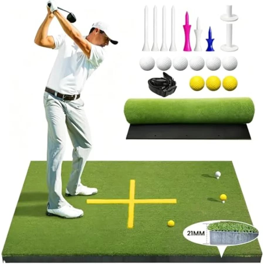 Tappetino da Golf 5x4ft, Tappetini da Pratica per Esterni con Erba Sintetica da 21mm, 9 Tee Inclusi, Base in EVA Resistente per Interni ed Esterni