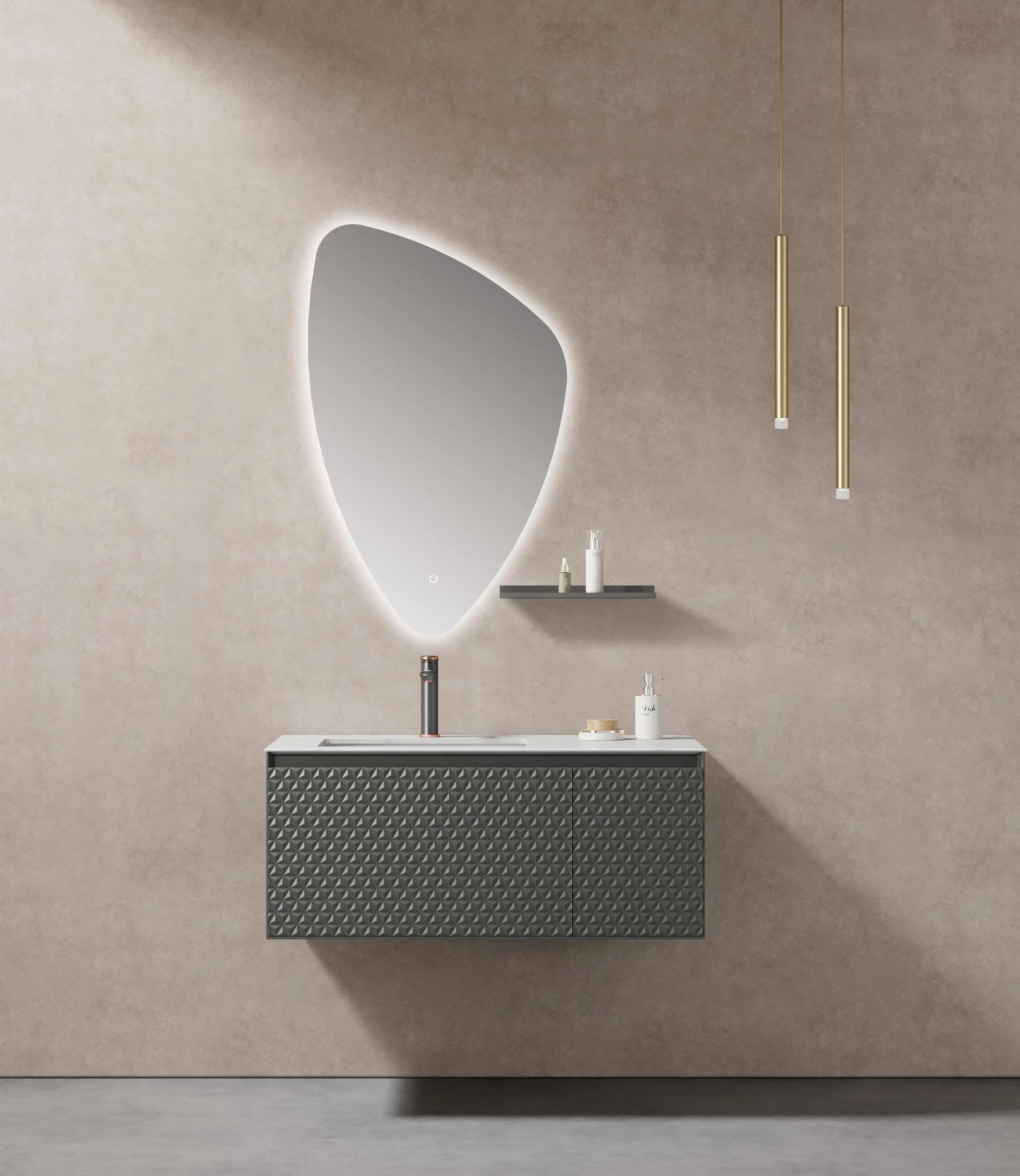 Mobile da toeletta portaoggetti con cassetto da bagno in legno massello di lusso di vendita caldo con lavabo a specchio a LED a triangolo per bagno dell'appartamento