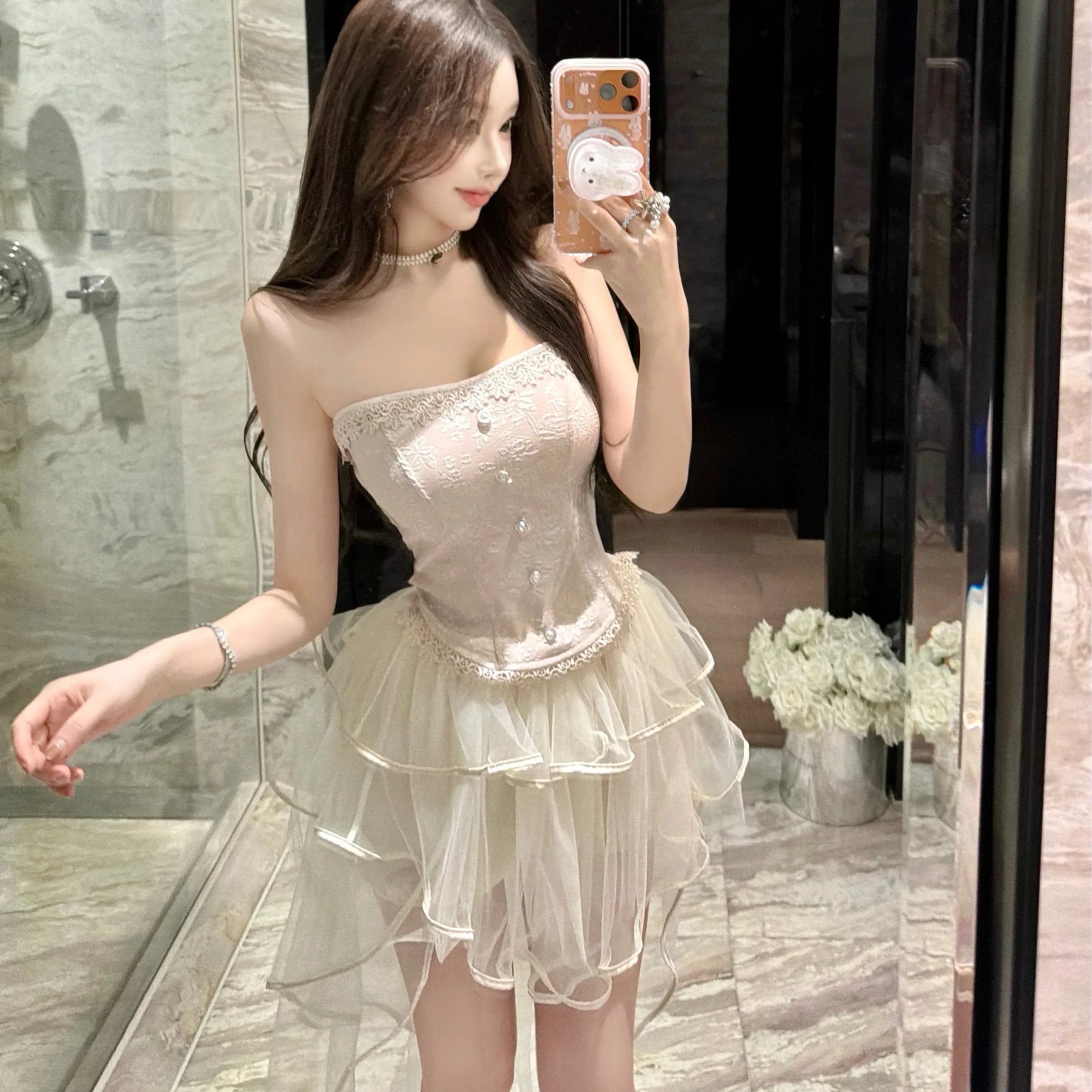 Spicy Girl Lace Crop Top And Skirt Set Women's Summer New Style Netting Irregular Halterneck Two-Piece Suit Princess Style