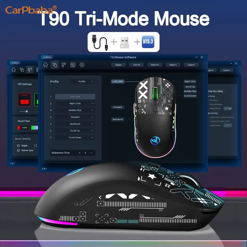 HXSJ QT90 RGB Backlit Gaming Mouse Wired 2.4G Bluetooth Wireless New Model 650mAh Battery 500 Million Clicks up to 3600-DPI