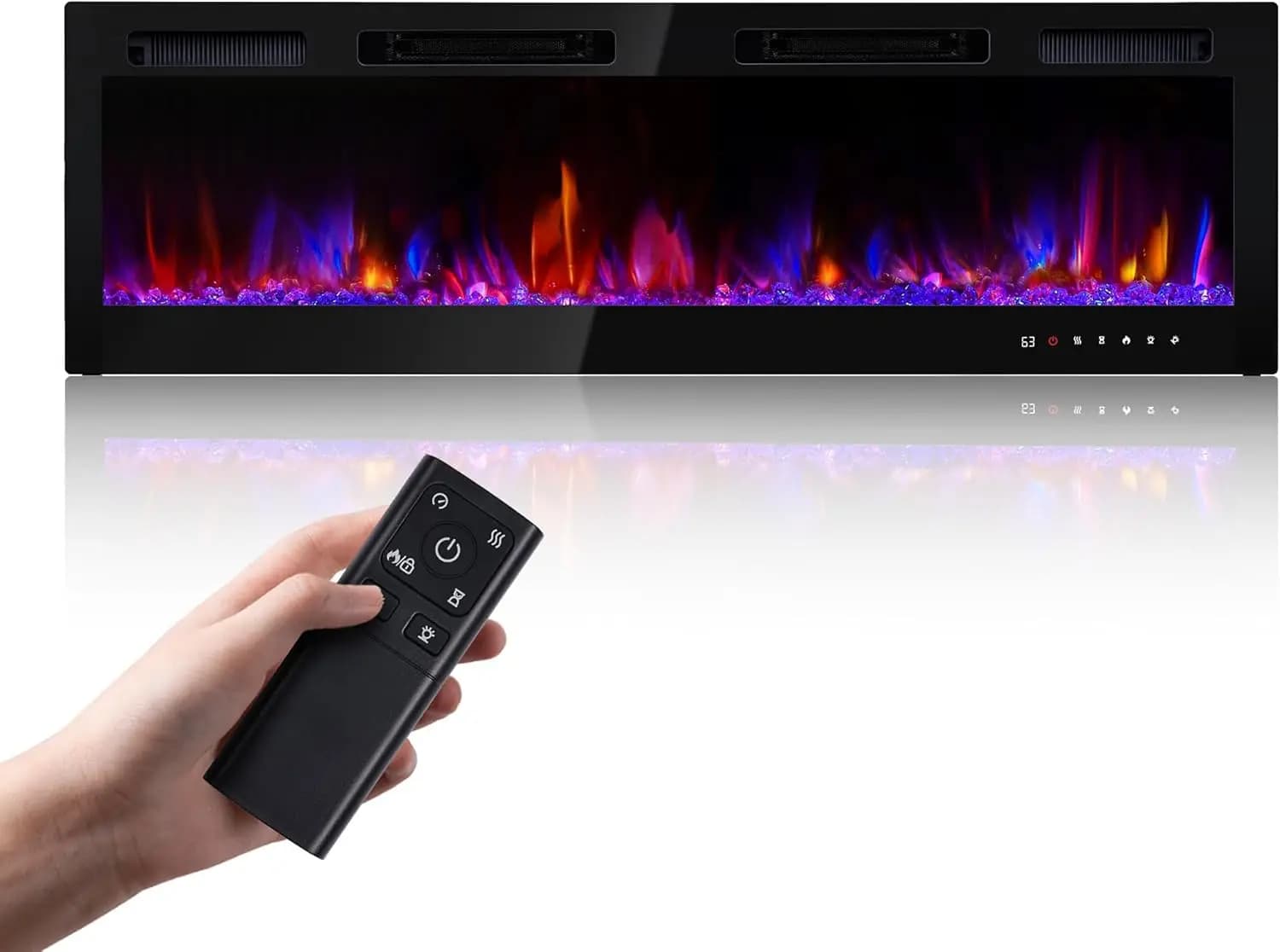 Caminetto Elettrico da Parete da 60 Pollici con Telecomando, Fiamma a 12 Colori e Timer, 750W/1500W da Incasso a Parete
