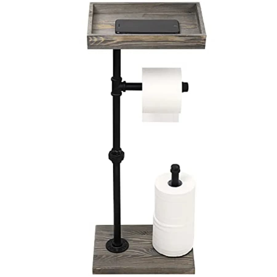MyGift Portarotolo da Terra con Ripiano - Portarotolo Rustico in Legno Stile Fattoria per Bagno con Vano Portaoggetti