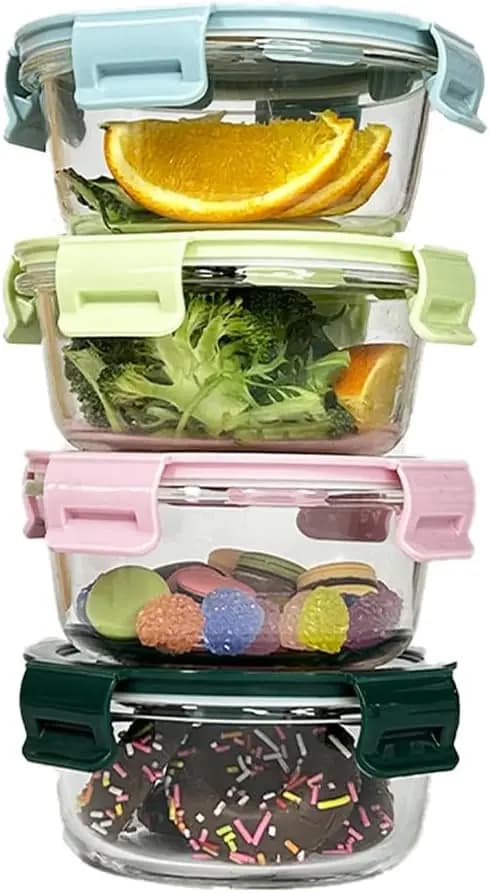 Set di 4 Contenitori Rotondi in Vetro per Alimenti con Coperchi, Senza BPA, Adatti per Microonde e Lavastoviglie, per Preparazione Pasti e Avanzi