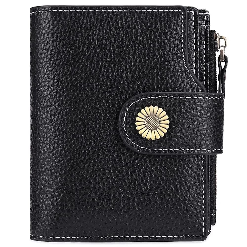 PU Leather Women's Short Wallet Snap Button Closure RFID Blocking Bifold Wallet Floral Button Detail Zipper Pocket Card Holder