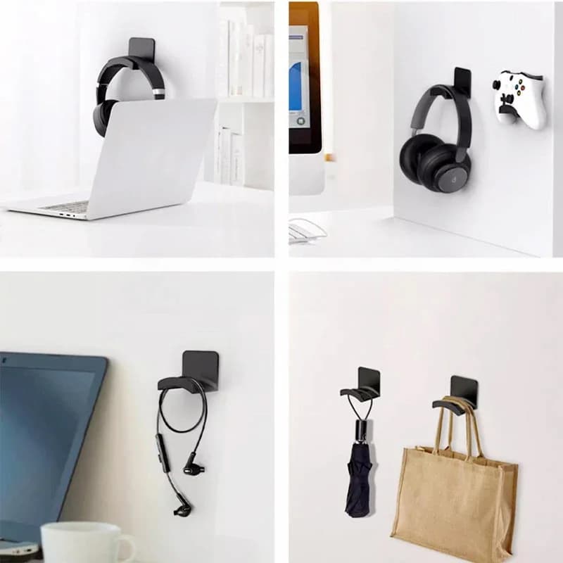 Supporto da parete per cuffie adesivo nero da 4 pezzi, supporto per cuffie autoadesivo, salvaspazio, robusto e durevole, ideale per appendere cuffie over-ear, cuffie da gioco, auricolari e accessori, perfetto per scrivania, comodino, ufficio e uso domestico