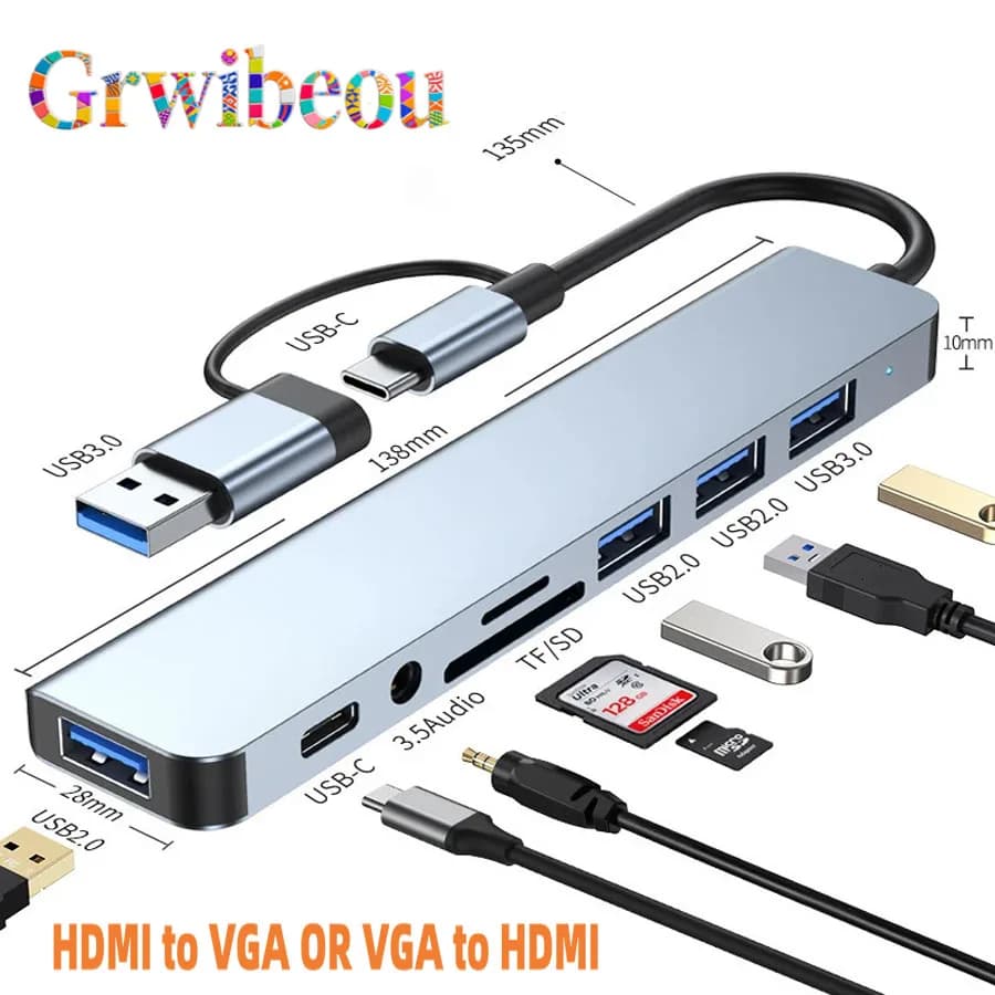 NUOVA docking station HUB USB + tipo C 8 in 2 con adattatore jack audio da 3,5 mm Lettore di schede Micro SD Convertitore disco per telefono tablet portatile