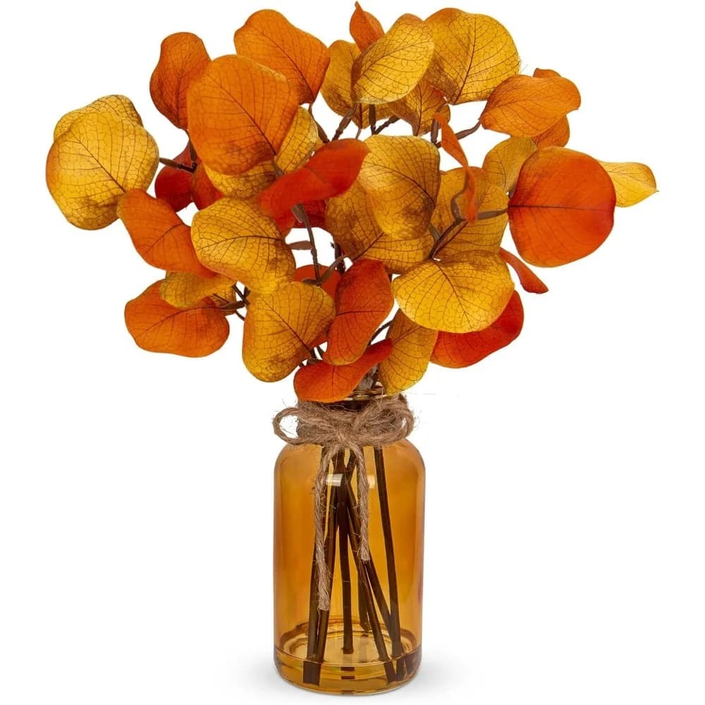 Artificial eucalyptus stems in amber glass vase with fake water, 14 inch fake autumn leaves for autumn plants for home, farm, wedding, ce