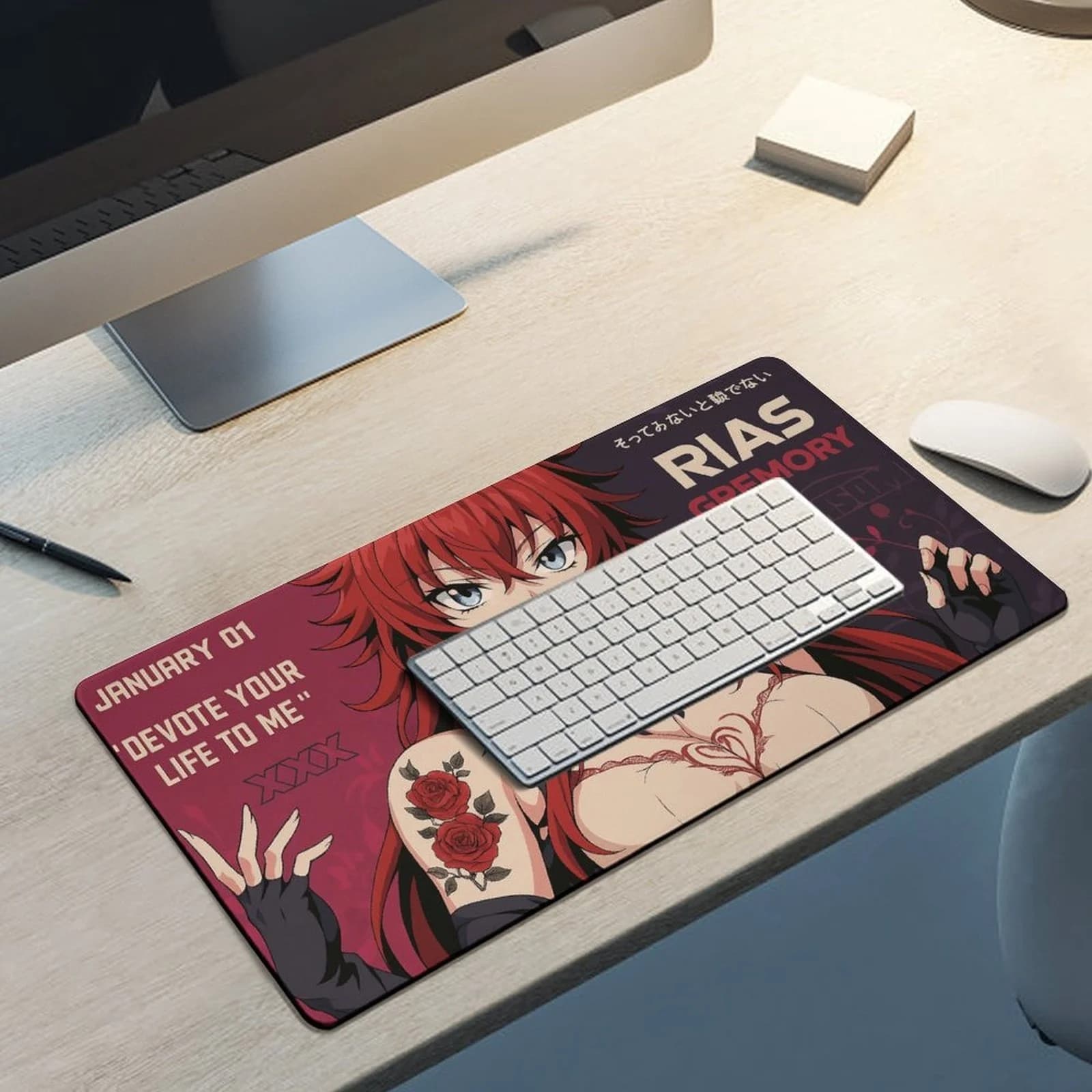 Red Hair Anime Girl with Rose Tattoo Rubber Desk Mat, Non-Slip Large Gaming Mouse Pad, Water-Resistant for Anime Fans & Gamers
