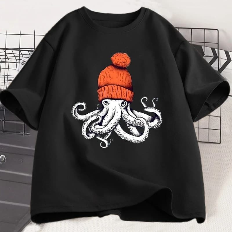 Octopus Orange Beanie Cotton T-shirt Japanese Style Graphic Tees Casual Cotton Short Sleeve Round Neck Tshirts Unisex Clothes