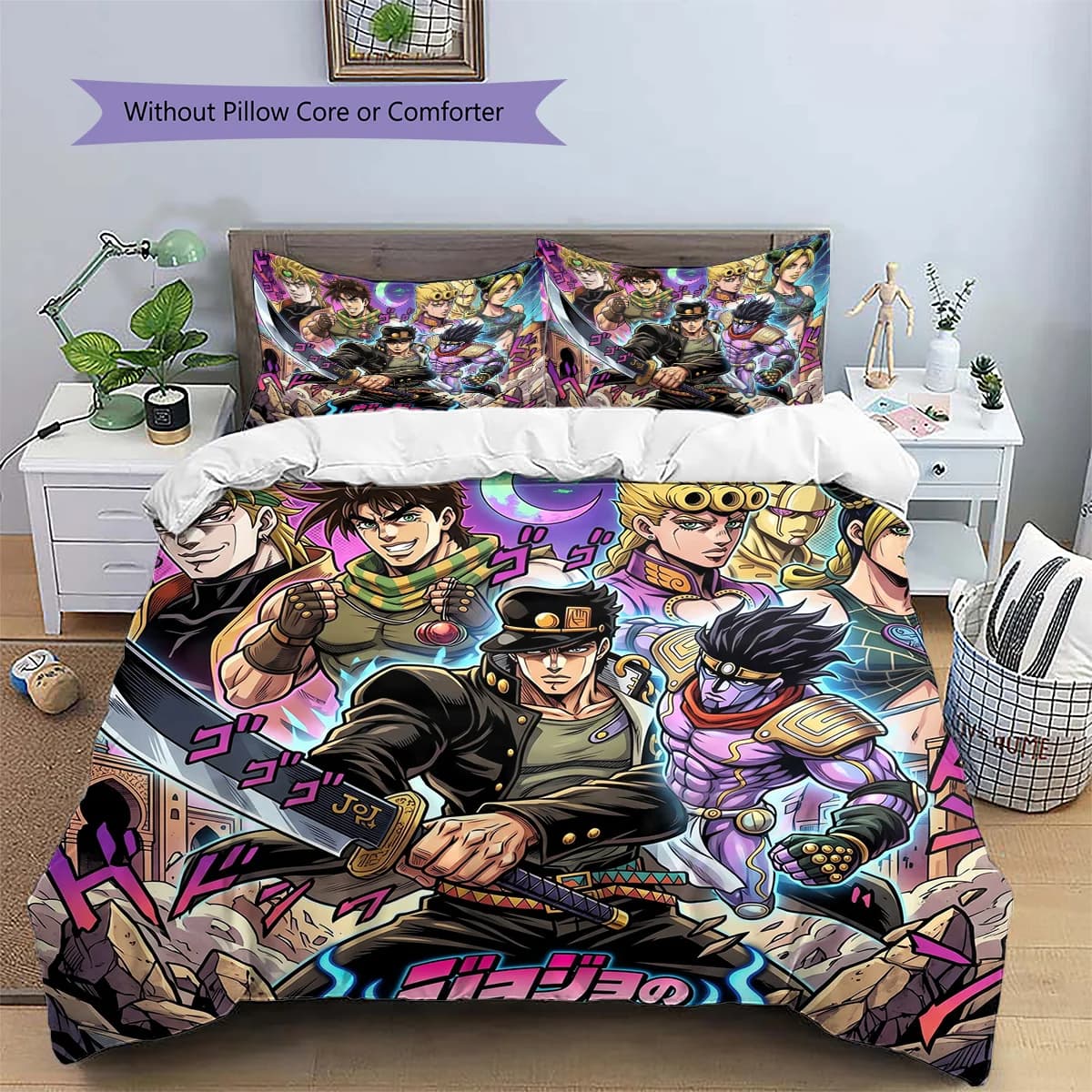JoJo's Bizarre Adventure Patterned Pillowcase & Duvet Cover Set 3-Piece Anime Bedding Decor Great Gift for Fans YUN6516