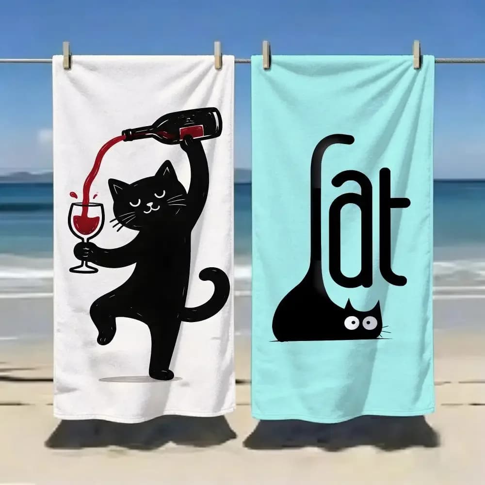 Cartoon Minimalist Black Cat Towel Microfiber soft Beach Towel for Travel Fitness Sauna Bathing Camping