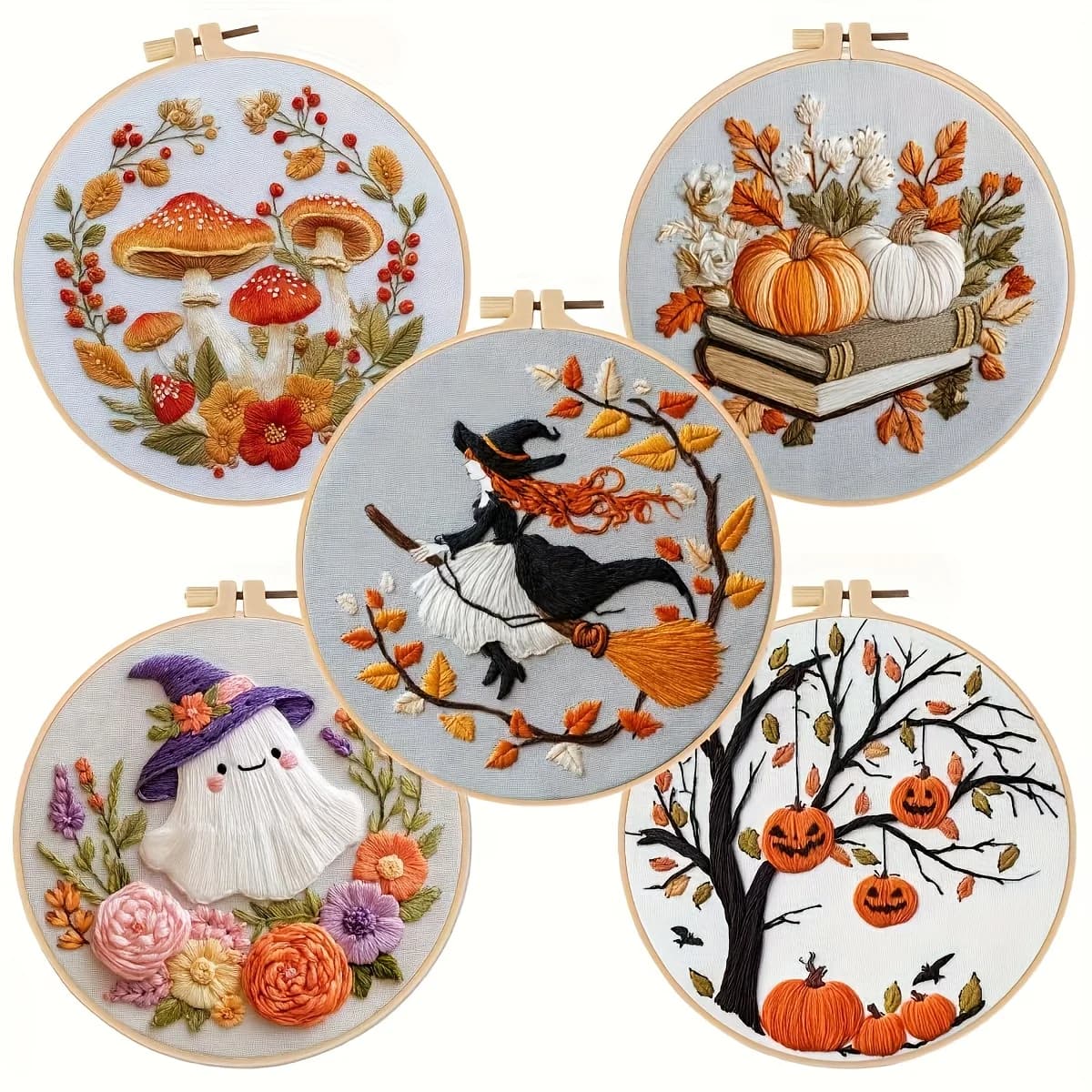 Il nuovo kit di materiali da ricamo fai-da-te con design di streghe, fantasmi, funghi e zucca di Halloween include motivi stampati