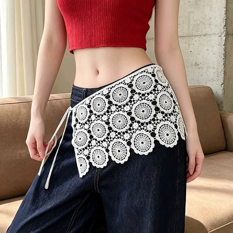 Lace Waistband White Hollow Lace Floral Shirt Curtain Waist Belt Korean Retro Crochet Triangular Headscarf Knitted Silk Scarf