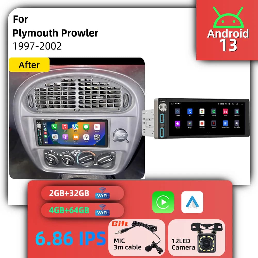 6.86" Stereo 1din Autoradio Android Car Radio for Plymouth Prowler 1997-2002 Head Unit Car Multimedia GPS Carplay Android Auto