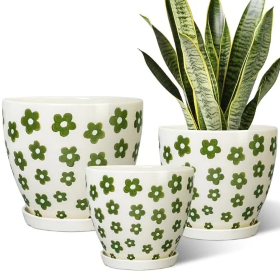 Vasi per Piante da Interno - Set di 3 Vasi in Ceramica da 10+8+6 Pollici, Stile Boho Rotondo con Fori di Drenaggio e Sottovaso