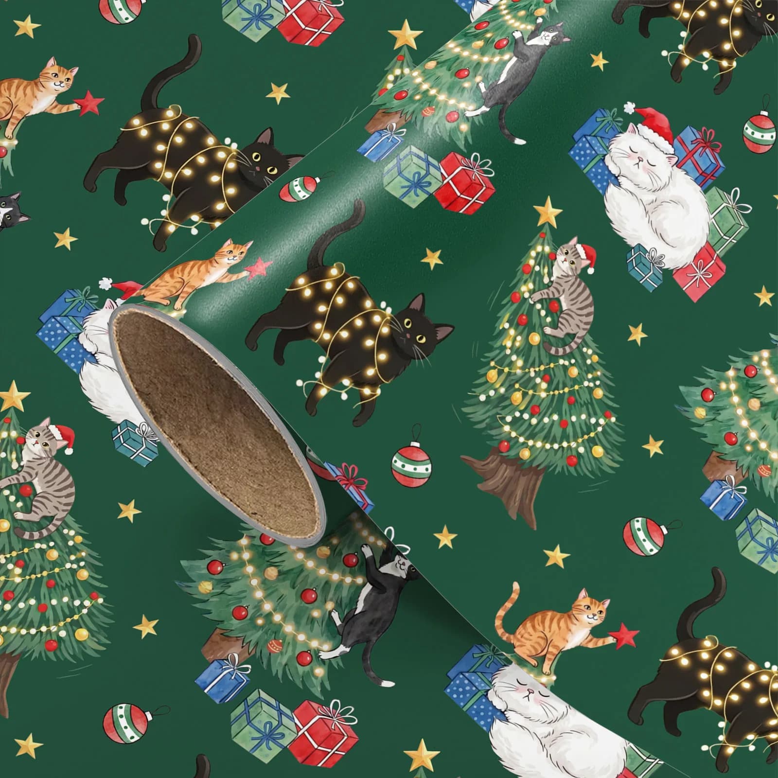 1 Roll of Christmas and New Year Gift Wrapping Paper, Classic Dark Green Background, Mischievous Pet Cats, Black Cat with String Lights, Orange Cat Climbing Christmas Tree, Gift Box Print, Suitable for Holiday Gift Box