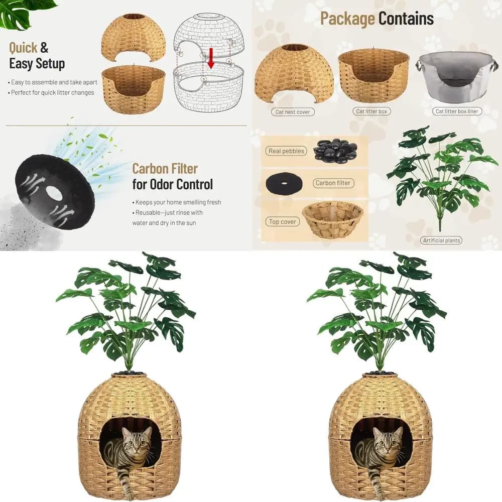 Casetta per lettiera per gatti da interno con pianta artificiale e fioriera in rattan, con controllo degli odori per ambienti interni