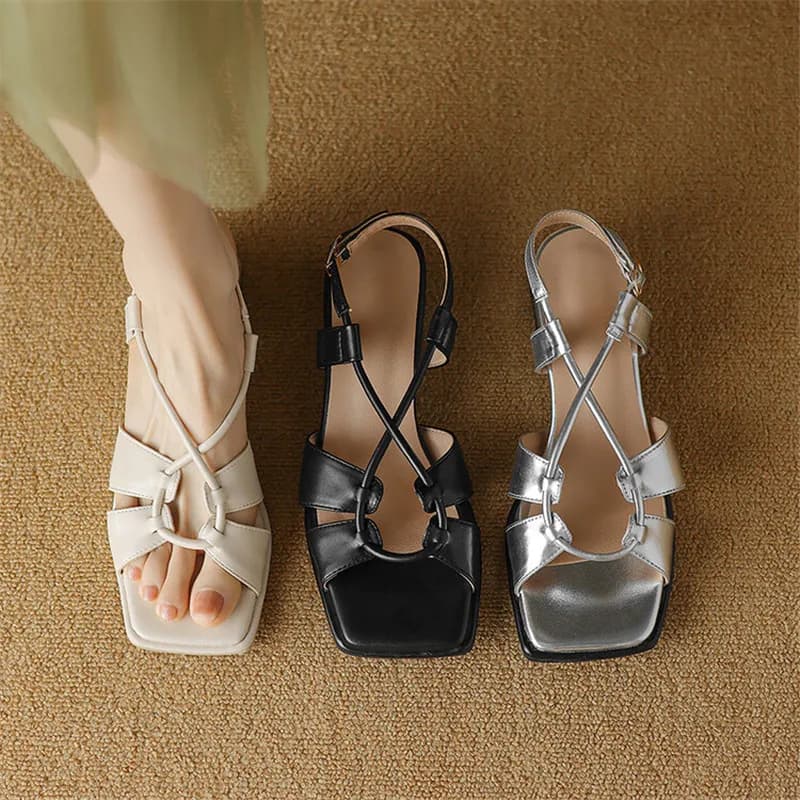 New Summer Women Sandals Square Toe Chunky Heel Shoes Concise Gladiator Fashion Narrow Band Ladies Shoes PU Leather Shoes