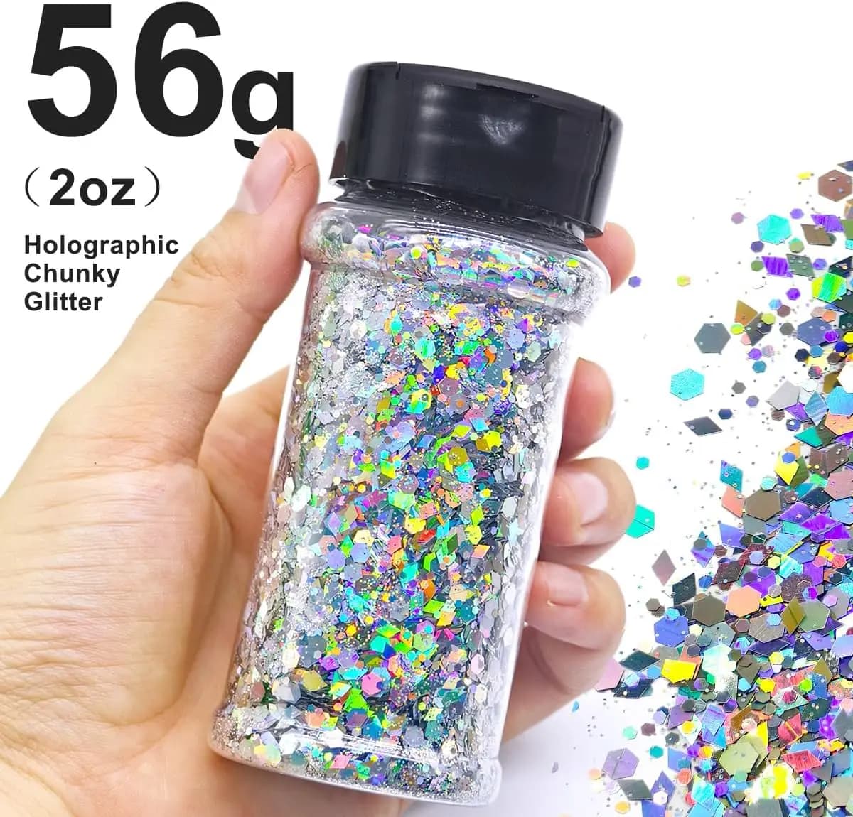 Silver Holographic - Craft Nail Glitter - 2oz Glitter Mix Chunky Glitter Bulk Colors in Shaker, Nail Glitter Decoration